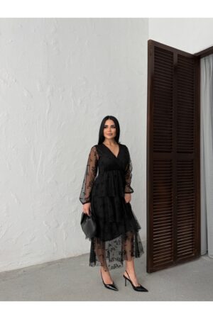 Kruvaze Yaka Astarlı Şifon Elbise