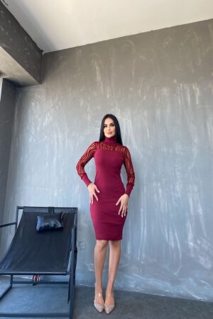 Balıkçı Yaka Tül Detaylı Triko Elbise (STANDART BEDEN S/M/L/XL UYUMLU) - BORDO
