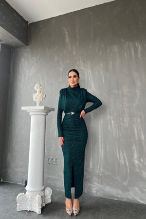 Simli Vatkalı Kemerli Elbise