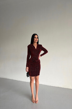 Kruvaze Yaka Buzy Kumaş Taş İşlemeli Bordo Elbise