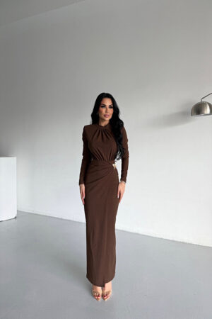 Bisiklet Yaka Yandan Tokalı Özel Tasarım Kahverengi Elbise