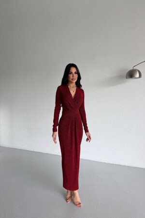 Kruvaze Yaka Simli Özel Tasarım Bordo Elbise